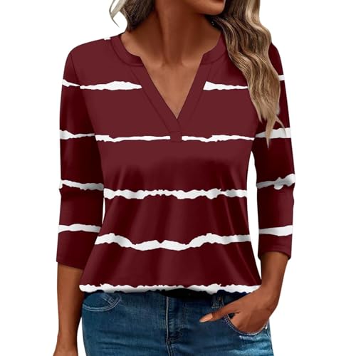 Damen-Top, 3/4-Ärmel, trendig, gestreift, elegant, lässig, Sommer, V-Ausschnitt, Tunika-Shirts (C#weinrot, XL) von SUIBOZ