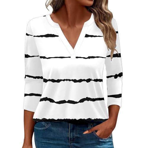 Damen-Top, 3/4-Ärmel, trendig, gestreift, elegant, lässig, Sommer, V-Ausschnitt, Tunika-Shirts (C#weiß, M) von SUIBOZ