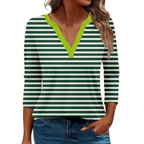Damen-Top, 3/4-Ärmel, trendig, gestreift, elegant, lässig, Sommer, V-Ausschnitt, Tunika-Shirts (D # Grün, Größe 3XL) von SUIBOZ