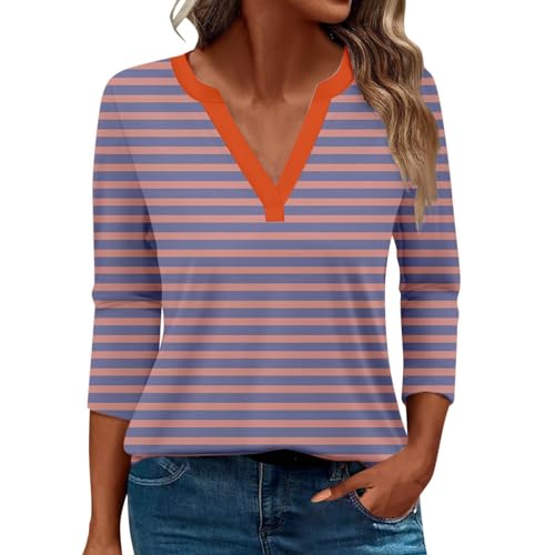 Damen-Top, 3/4-Ärmel, trendig, gestreift, elegant, lässig, Sommer, V-Ausschnitt, Tunika-Shirts (D #Hot Pink, XL) von SUIBOZ