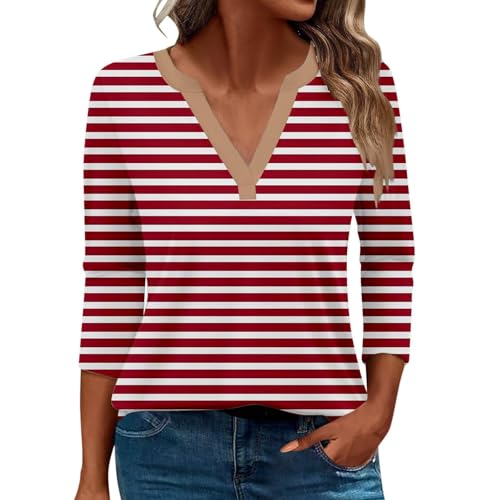 Damen-Top, 3/4-Ärmel, trendig, gestreift, elegant, lässig, Sommer, V-Ausschnitt, Tunika-Shirts (D # Wassermelonenrot, XL) von SUIBOZ