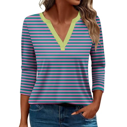 Damen-Top, 3/4-Ärmel, trendig, gestreift, elegant, lässig, Sommer, V-Ausschnitt, Tunika-Shirts (D #blau, 3XL) von SUIBOZ
