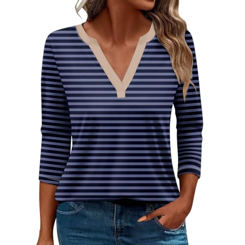 Damen-Top, 3/4-Ärmel, trendig, gestreift, elegant, lässig, Sommer, V-Ausschnitt, Tunika-Shirts (D#dunkelblau, XXL) von SUIBOZ