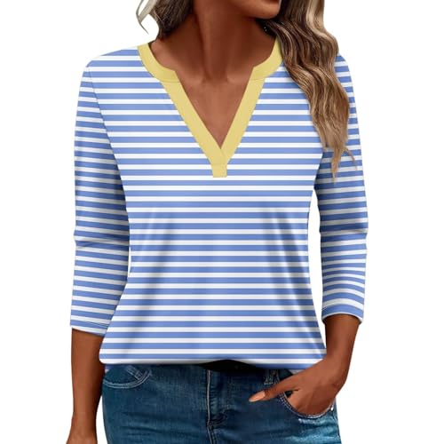 Damen-Top, 3/4-Ärmel, trendig, gestreift, elegant, lässig, Sommer, V-Ausschnitt, Tunika-Shirts (D#himmelblau, S) von SUIBOZ