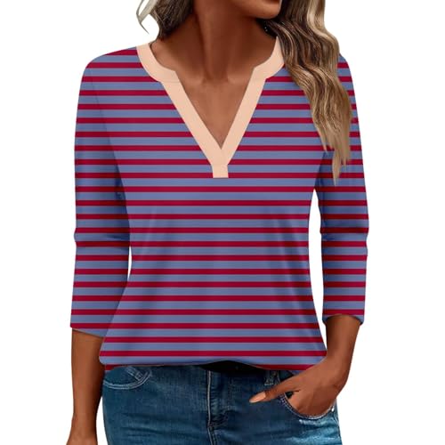 Damen-Top, 3/4-Ärmel, trendig, gestreift, elegant, lässig, Sommer, V-Ausschnitt, Tunika-Shirts (D #lila, S) von SUIBOZ
