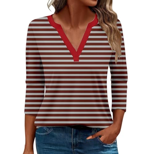 Damen-Top, 3/4-Ärmel, trendig, gestreift, elegant, lässig, Sommer, V-Ausschnitt, Tunika-Shirts (D #rot, M) von SUIBOZ