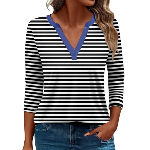 Damen-Top, 3/4-Ärmel, trendig, gestreift, elegant, lässig, Sommer, V-Ausschnitt, Tunika-Shirts (D #schwarz, Größe 3XL) von SUIBOZ