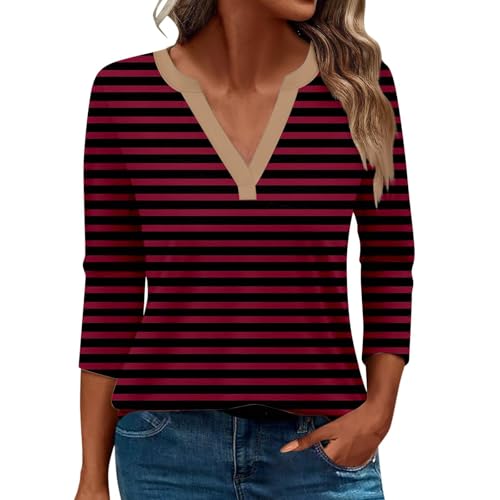 Damen-Top, 3/4-Ärmel, trendig, gestreift, elegant, lässig, Sommer, V-Ausschnitt, Tunika-Shirts (D#wine, S) von SUIBOZ