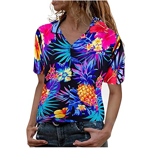 Damen Tropisches Blusenkleid Hemd Button Down Kurzarm Strand Hawaii-Sommerhemden Funky Hawaii-Blusenshirt (Blau, XL) von SUIBOZ