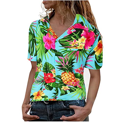 Damen Tropisches Blusenkleid Hemd Button Down Kurzarm Strand Hawaii-Sommerhemden Funky Hawaii-Blusenshirt (Grün, S) von SUIBOZ