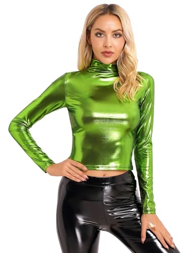 Glänzendes Metallic-Hemd für Damen, langärmelig, holografische Tanz-Shirts, Stehkragen, Tank-Tops, Disco-Party, Clubwear, Tee (C, M) von SUIBOZ