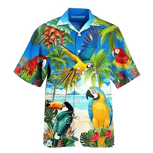 Großes und großes Hawaii-Hemd für Herren, niedlicher Papagei, lässig, kurzärmelig, Button-Down-Shirt, Aloha-Hemd (Blau, Größe 3XL) von SUIBOZ