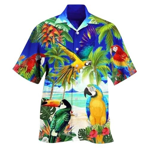 Großes und großes Hawaii-Hemd für Herren, niedlicher Papagei, lässig, kurzärmelig, Button-Down-Shirt, Aloha-Hemd (Dunkelblau, L) von SUIBOZ