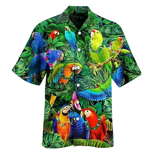 Großes und großes Hawaii-Hemd für Herren, niedlicher Papagei, lässig, kurzärmelig, Button-Down-Shirt, Aloha-Hemd (Grün, Größe 3XL) von SUIBOZ
