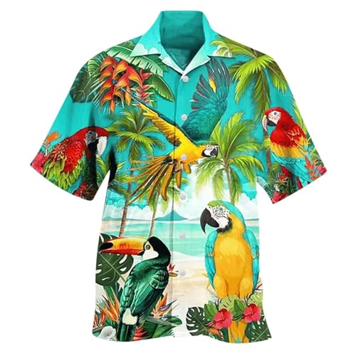 Großes und großes Hawaii-Hemd für Herren, niedlicher Papagei, lässig, kurzärmelig, Button-Down-Shirt, Aloha-Hemd (Mintgrün, Größe 3XL) von SUIBOZ