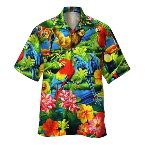 Großes und großes Hawaii-Hemd für Herren, niedlicher Papagei, lässig, kurzärmelig, Button-Down-Shirt, Aloha-Hemd (Xa-Blau, XXL) von SUIBOZ