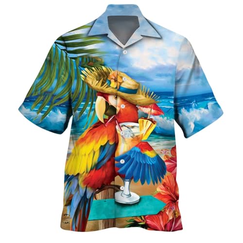 Großes und großes Hawaii-Hemd für Herren, niedlicher Papagei, lässig, kurzärmelig, Button-Down-Shirt, Aloha-Hemd (Xb-Himmelblau, Größe 3XL) von SUIBOZ
