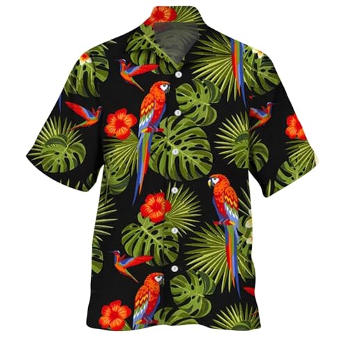 Großes und großes Hawaii-Hemd für Herren, niedlicher Papagei, lässig, kurzärmelig, Button-Down-Shirt, Aloha-Hemd (Xb-schwarz, M) von SUIBOZ
