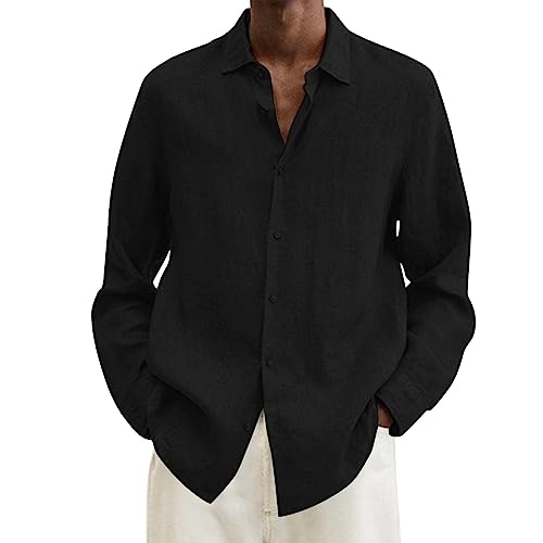 Großes und großes Langarm-Leinenhemd für Herren, Baggy, einfarbig, Baumwollleinen, langärmelig, Knopftasche, Übergröße, T-Shirt (Schwarz, Größe 5XL) von SUIBOZ