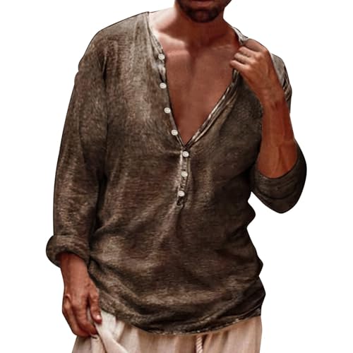 Henley-Hemd für Herren, Retro-Stil, Used-Look, Sommer, kurze Ärmel, V-Ausschnitt, lockere Passform, Straßenmode, Hipster, Hippie-T-Shirt (Braun, XL) von SUIBOZ