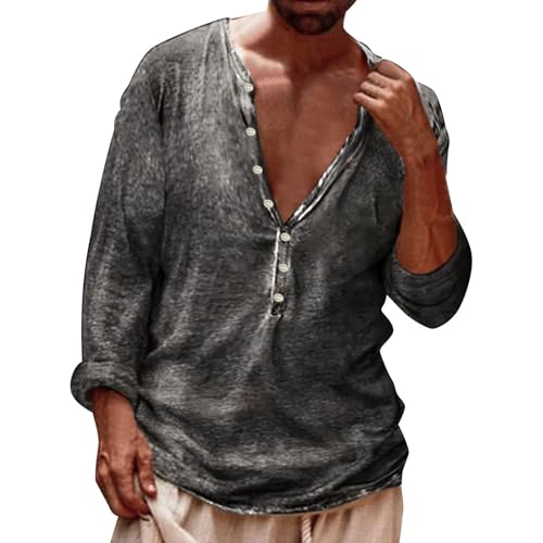 Henley-Hemd für Herren, Retro-Stil, Used-Look, Sommer, kurze Ärmel, V-Ausschnitt, lockere Passform, Straßenmode, Hipster, Hippie-T-Shirt (Grau, Größe 3XL) von SUIBOZ