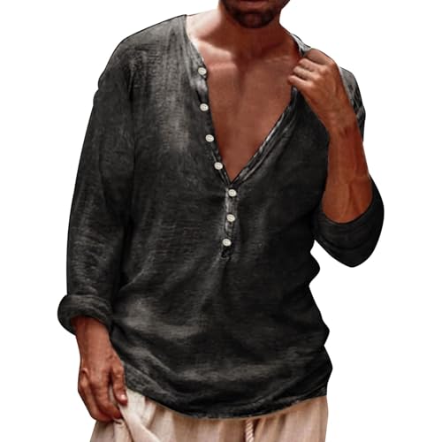 Henley-Hemd für Herren, Retro-Stil, Used-Look, Sommer, kurze Ärmel, V-Ausschnitt, lockere Passform, Straßenmode, Hipster, Hippie-T-Shirt (Schwarz, Größe 3XL) von SUIBOZ