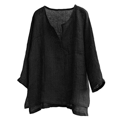 Henley-Shirt, Baumwoll-Leinen, Hippie-Shirt, atmungsaktiv, 3/4-Ärmel, Bluse, Sommer, lässig, V-Ausschnitt, Strand, Yoga, Tunika, Tops (Schwarz, M) von SUIBOZ