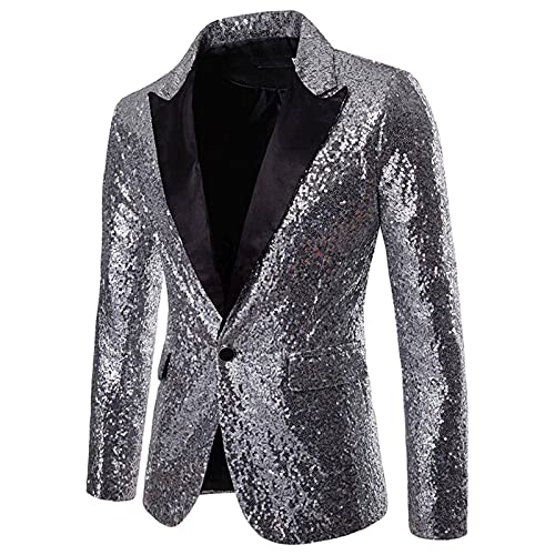 Herren-Anzugjacke, schmale Passform, glänzende Pailletten, Ein-Knopf-Blazer, langärmelig, Smoking, Anzugjacken für Hochzeit, Party, Abschlussball (Silber, XXL) von SUIBOZ