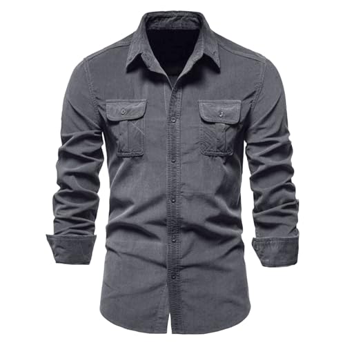 Herren-Arbeitshemd, langärmelig, Druckknopfleiste, solides Cord-Twill-Hemd, lässig, Kordsamt, Button-Down-Shacket mit Pattentasche (Grau, L) von SUIBOZ