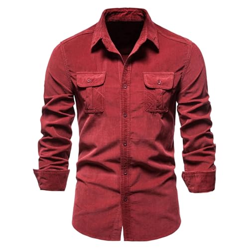 Herren-Arbeitshemd, langärmelig, Druckknopfleiste, solides Cord-Twill-Hemd, lässig, Kordsamt, Button-Down-Shacket mit Pattentasche (Rot, XXL) von SUIBOZ