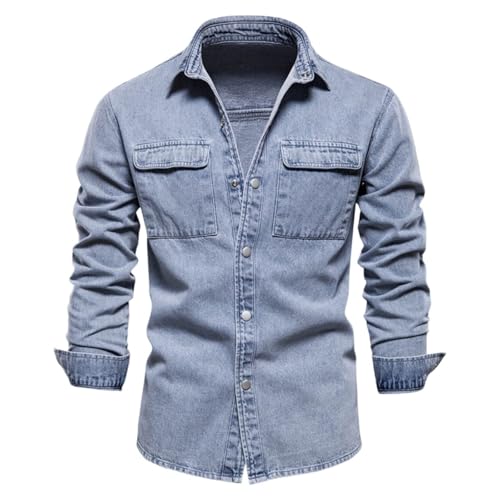 Herren-Arbeitshemd aus gewaschenem Denim, schmale Passform, mit Brusttaschen, klassisch, langärmelig, Knopfleiste, Reverskragen, LKW-Hemden (Xa-Blau, L) von SUIBOZ