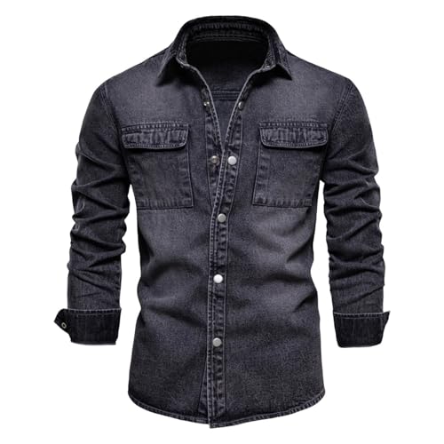 Herren-Arbeitshemd aus gewaschenem Denim, schmale Passform, mit Brusttaschen, klassisch, langärmelig, Knopfleiste, Reverskragen, LKW-Hemden (Xa-Schwarz, XL) von SUIBOZ
