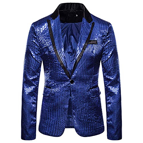 Herren-Blazer mit Pailletten, schmal, Ein-Knopf-Metallic-Anzug, Disco, Abschlussball, glänzende Jacke, Hochzeit, Party, Bankett, modischer Smoking für Herren und Erwachsene (Blau, XXL) von SUIBOZ