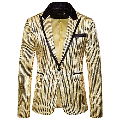 Herren-Blazer mit Pailletten, schmal, Ein-Knopf-Metallic-Anzug, Disco, Abschlussball, glänzende Jacke, Hochzeit, Party, Bankett, modischer Smoking für Herren und Erwachsene (Gold, XXL) von SUIBOZ