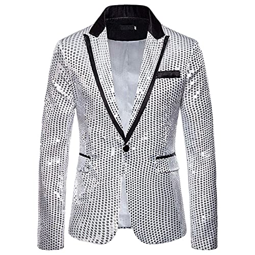 Herren-Blazer mit Pailletten, schmal, Ein-Knopf-Metallic-Anzug, Disco, Abschlussball, glänzende Jacke, Hochzeit, Party, Bankett, modischer Smoking für Herren und Erwachsene (Silber, XXL) von SUIBOZ