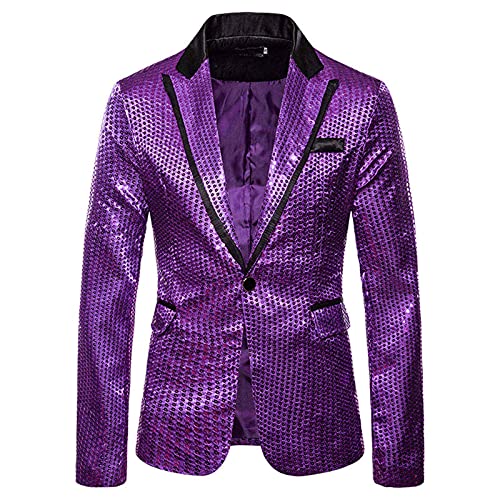 Herren-Blazer mit Pailletten, schmaler Ein-Knopf-Metallic-Anzug, Disco, Abschlussball, glänzende Jacke, Hochzeit, Party, Bankett, modischer Smoking für Herren und Erwachsene (lila, L) von SUIBOZ