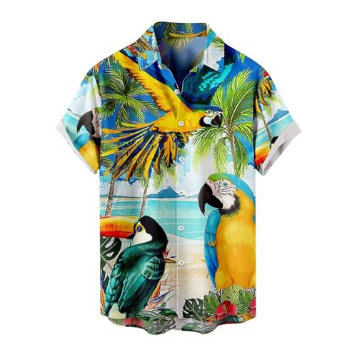 Herren-Bowling-Shirt, Retro-Shirt, Button-Down-Shirt, Hawaii-Blumenmuster, Strandhemd, 50er-Jahre, Rockabilly-Stil, Sommer-Top, Bowling (Gelb, L) von SUIBOZ