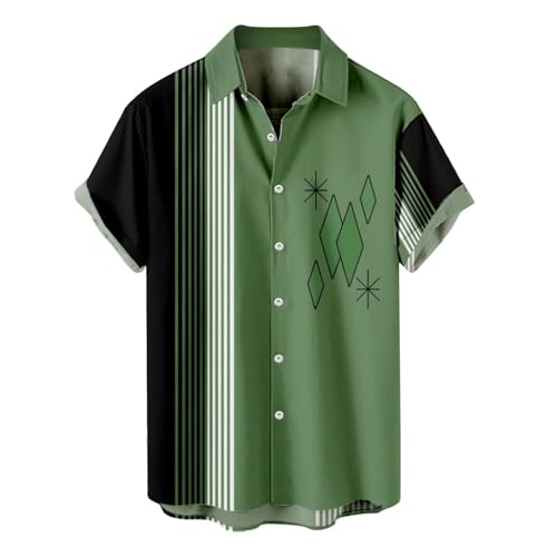 Herren-Bowling-Shirt, Retro-Shirt, Button-Down-Shirt, Hawaii-Blumenmuster, Strandhemd, 50er-Jahre, Rockabilly-Stil, Sommer-Top, Bowling (Grün, XXL) von SUIBOZ