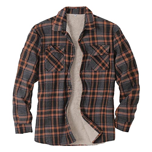 Herren-Flanellhemden, langärmelig, Sherpa-Fleece, Knopfleiste, Berberfutter, warme Camp-Shirts, karierte Jacken (Braun, XXL) von SUIBOZ