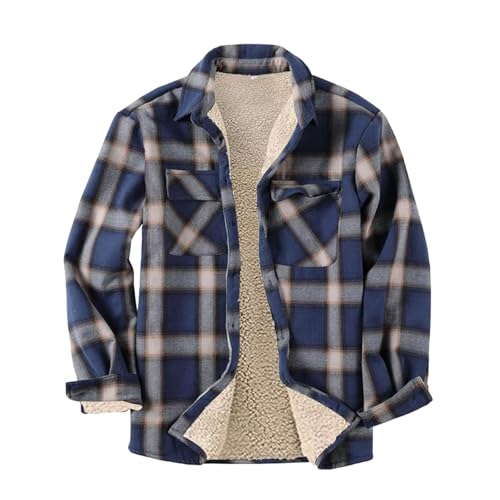 Herren-Flanellhemden, langärmelig, Sherpa-Fleece, Knopfleiste, Berberfutter, warme Camp-Shirts, karierte Jacken (Marineblau, Größe M) von SUIBOZ