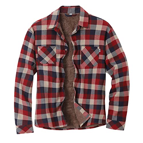 Herren-Flanellhemden, langärmelig, Sherpa-Fleece, Knopfleiste, Berberfutter, warme Camp-Shirts, karierte Jacken (Rot – 2, M) von SUIBOZ