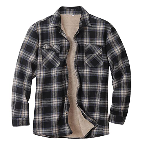 Herren-Flanellhemden, langärmelig, Sherpa-Fleece, Knopfleiste, Berberfutter, warme Camp-Shirts, karierte Jacken (Schwarz, XXL) von SUIBOZ