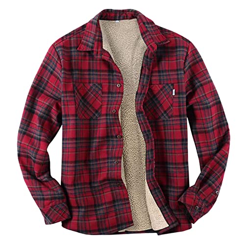 Herren-Flanellhemden, langärmelig, Sherpa-Fleece, Knopfleiste, Berberfutter, warme Camp-Shirts, karierte Jacken (Weinrot, Größe M) von SUIBOZ