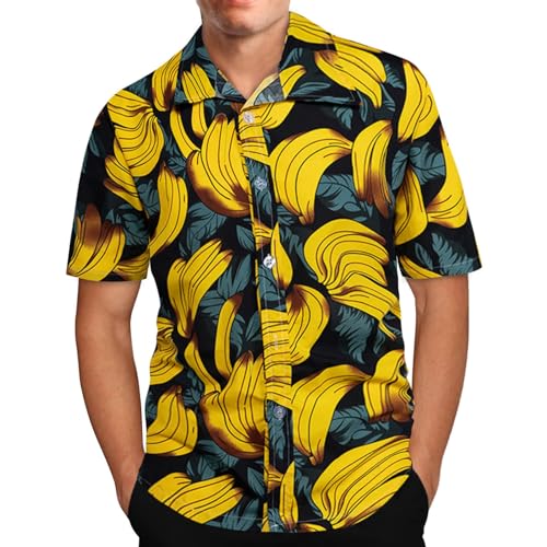 Herren-Hawaii-Hemd, Übergröße, lustig, Bananen-Druck, lässig, Knopfleiste, kurzärmelig, Revers, Strand, tropisches Hemd (Gelb, 5XL) von SUIBOZ