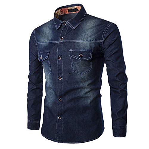 Herren-Jeanshemd, gewaschen, Used-Look, leger, schmale Passform, Knopfleiste, langärmelig, Cowboy-Arbeitshemd mit Tasche (Dunkelblau, Größe 4XL) von SUIBOZ