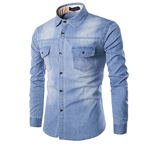 Herren-Jeanshemd, gewaschen, Used-Look, leger, schmale Passform, Knopfleiste, langärmelig, Cowboy-Arbeitshemd mit Tasche (Hellblau, Größe 3XL) von SUIBOZ