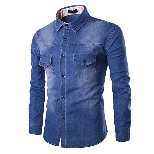 Herren-Jeanshemd, gewaschen, Used-Look, leger, schmale Passform, Knopfleiste, langärmelig, Cowboy-Arbeitshemd mit Tasche (Marineblau, Größe 4XL) von SUIBOZ