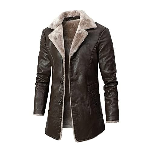 Herren-Motorradjacke aus Kunstleder, Pelzkragen, Fleece, Sherpa-Futter, langer Trenchcoat, schwerer Erbsenmantel mit Knopfleiste (Braun, M) von SUIBOZ