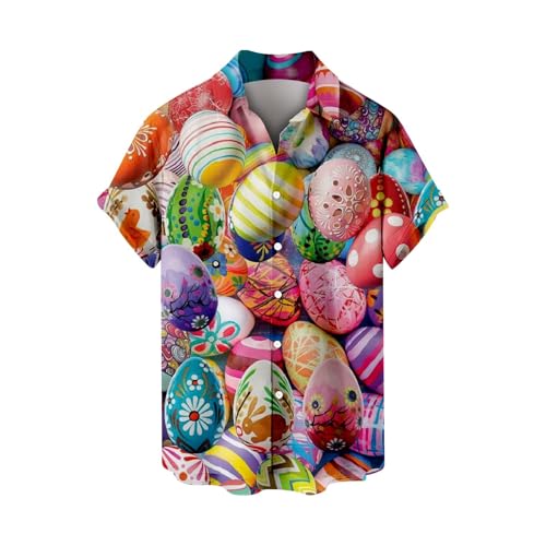 Herren Osterhemden, Eiersuche, Häschen, bedruckt, groß und hoch, kurzärmelig, Button-Down, Retro, 80er-Jahre-Stil, Bowling-Shirts (Rot, XXL) von SUIBOZ