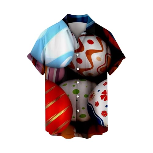 Herren Osterhemden, Eiersuche, Häschen, bedruckt, groß und hoch, kurzärmelig, Button-Down, Retro, 80er-Jahre-Stil, Bowling-Shirts (Schwarz, S) von SUIBOZ